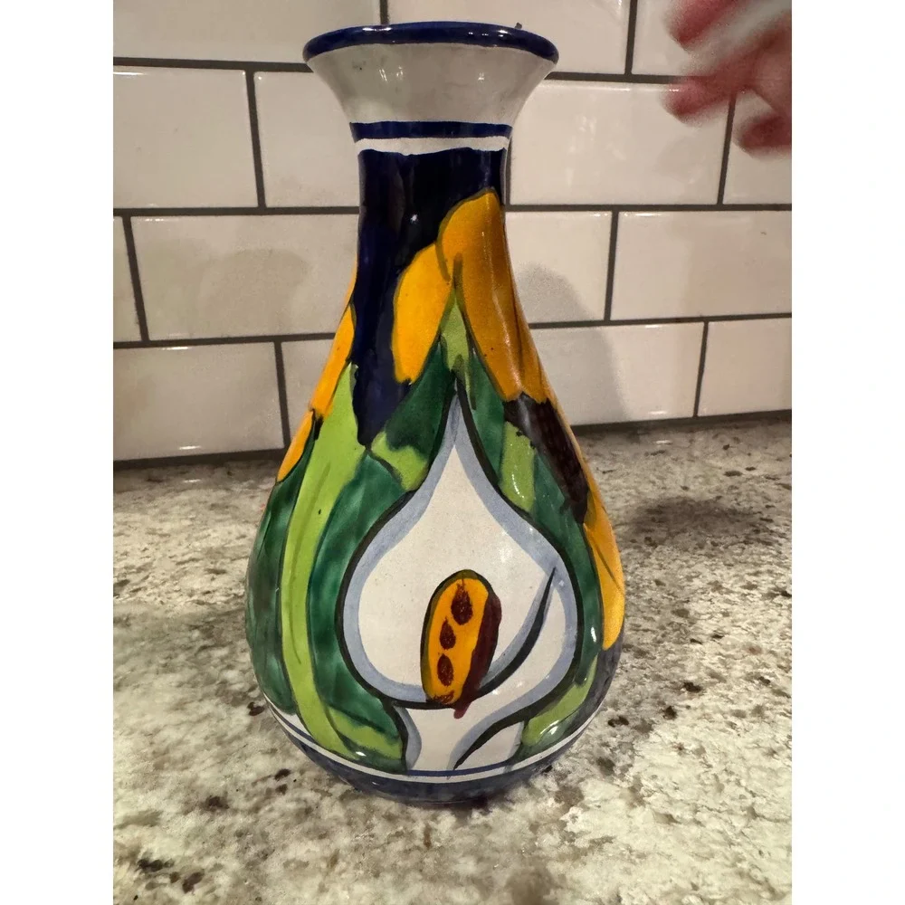 Mexican Talavera Hand Painted Sunflower Calla Lily Pottery Vase 9.5 Inch